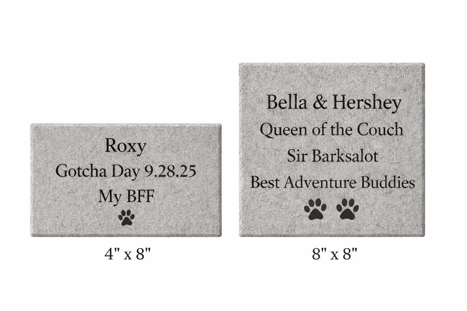 Sample engraved bricks showing a 4x8 brick and an 8x8 brick with personalized messages