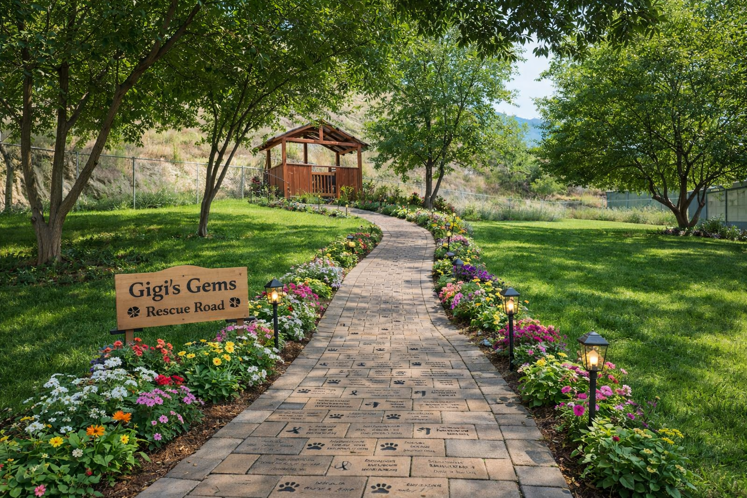 Gigi's Gems Rescue Road - a beautiful brick walkway lined with flowers and engraved bricks leading to a gazebo on our sanctuary grounds